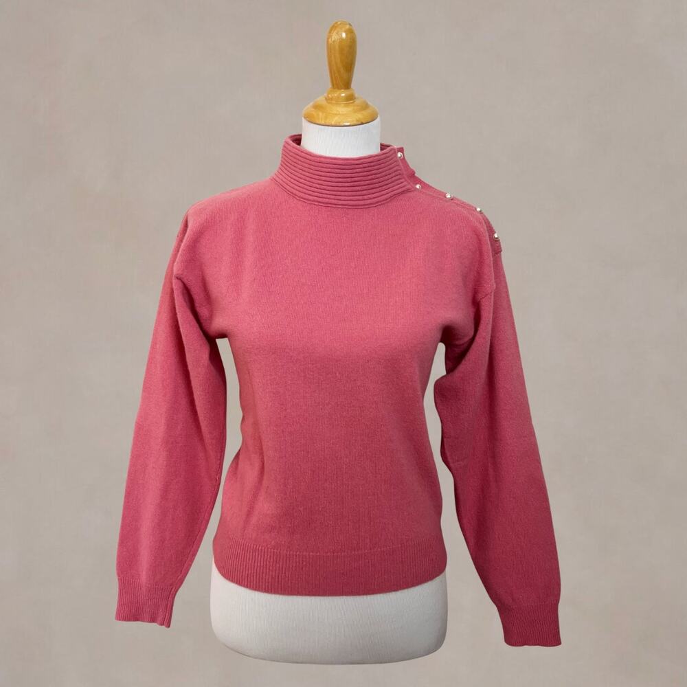 Vintage 80s Pink Angora Wool Turtleneck Sweater Pearl Shoulder M